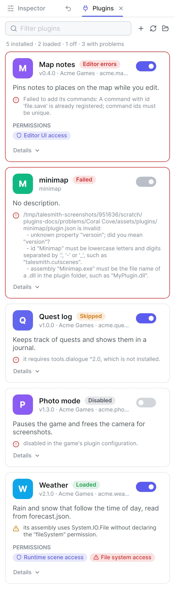 Plugin cards in the Plugins panel: Map notes with editor errors and an Editor UI access chip, a plugin folder with an invalid manifest, Quest log skipped for a missing dependency, Photo mode switched off, and Weather with a red File system access chip and a warning that its assembly uses System.IO.File