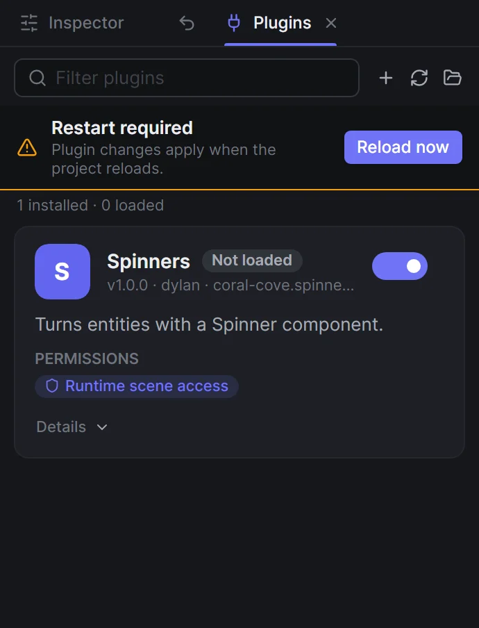 The Plugins panel after a rescan: a Restart required bar with a Reload now button above the Spinners card, which shows Not loaded