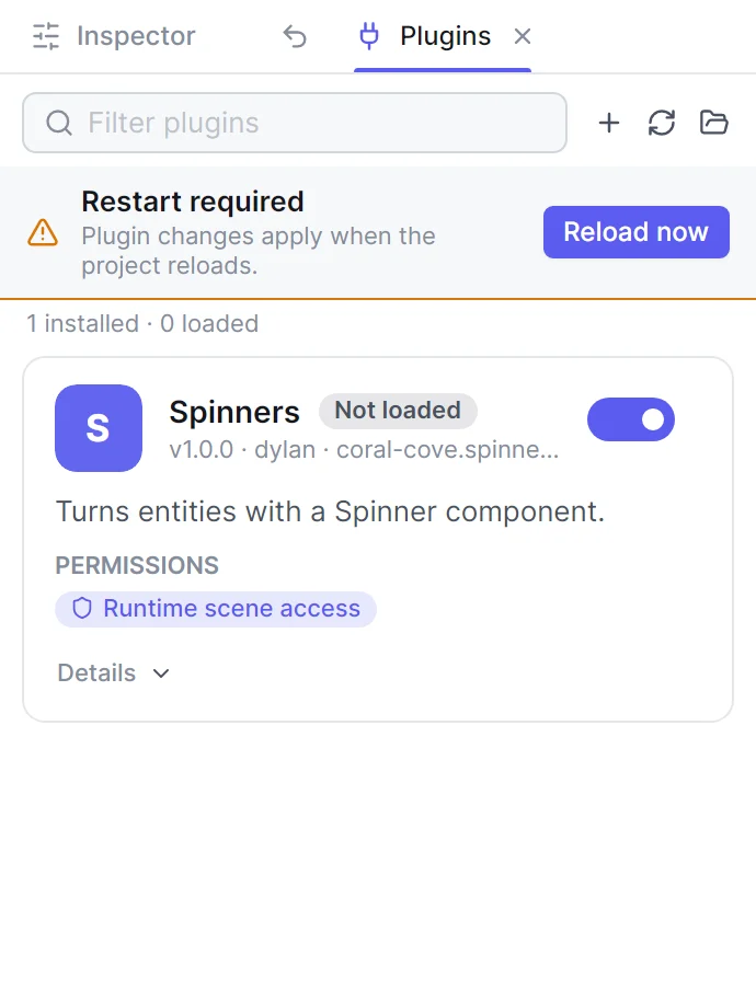 The Plugins panel after a rescan: a Restart required bar with a Reload now button above the Spinners card, which shows Not loaded
