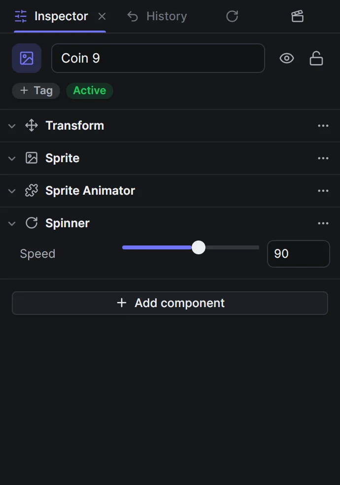 The inspector of Coin 9 with a Spinner section whose Speed slider is set to 90