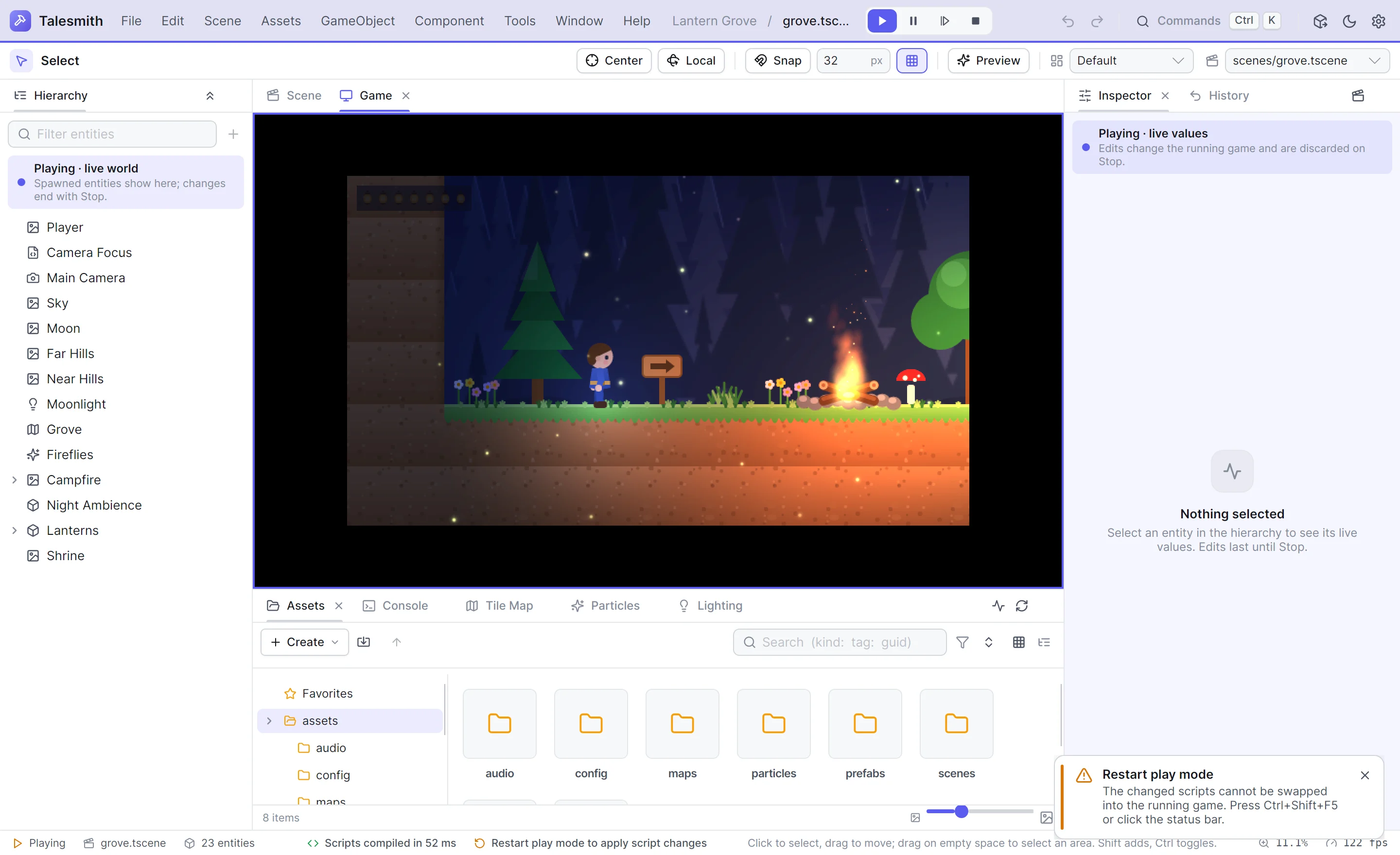 Lantern Grove in play mode with the Restart play mode toast and status bar item after a script was saved