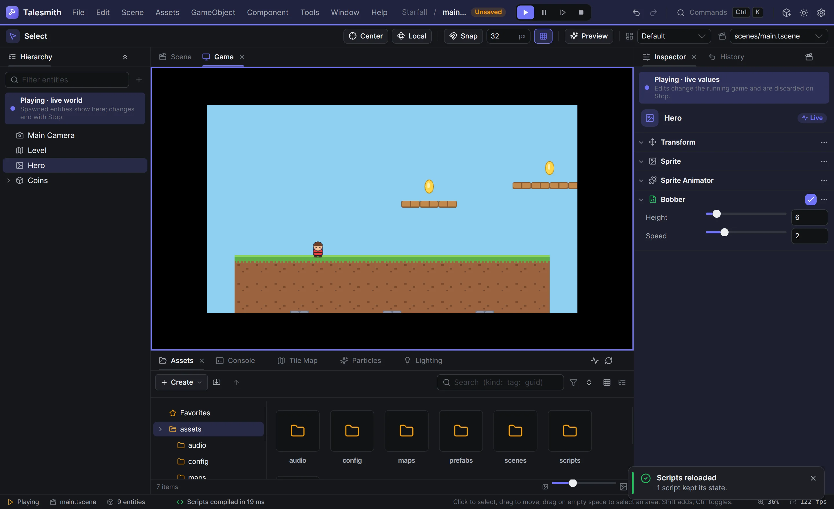 Play mode with the Scripts reloaded toast after a script was saved