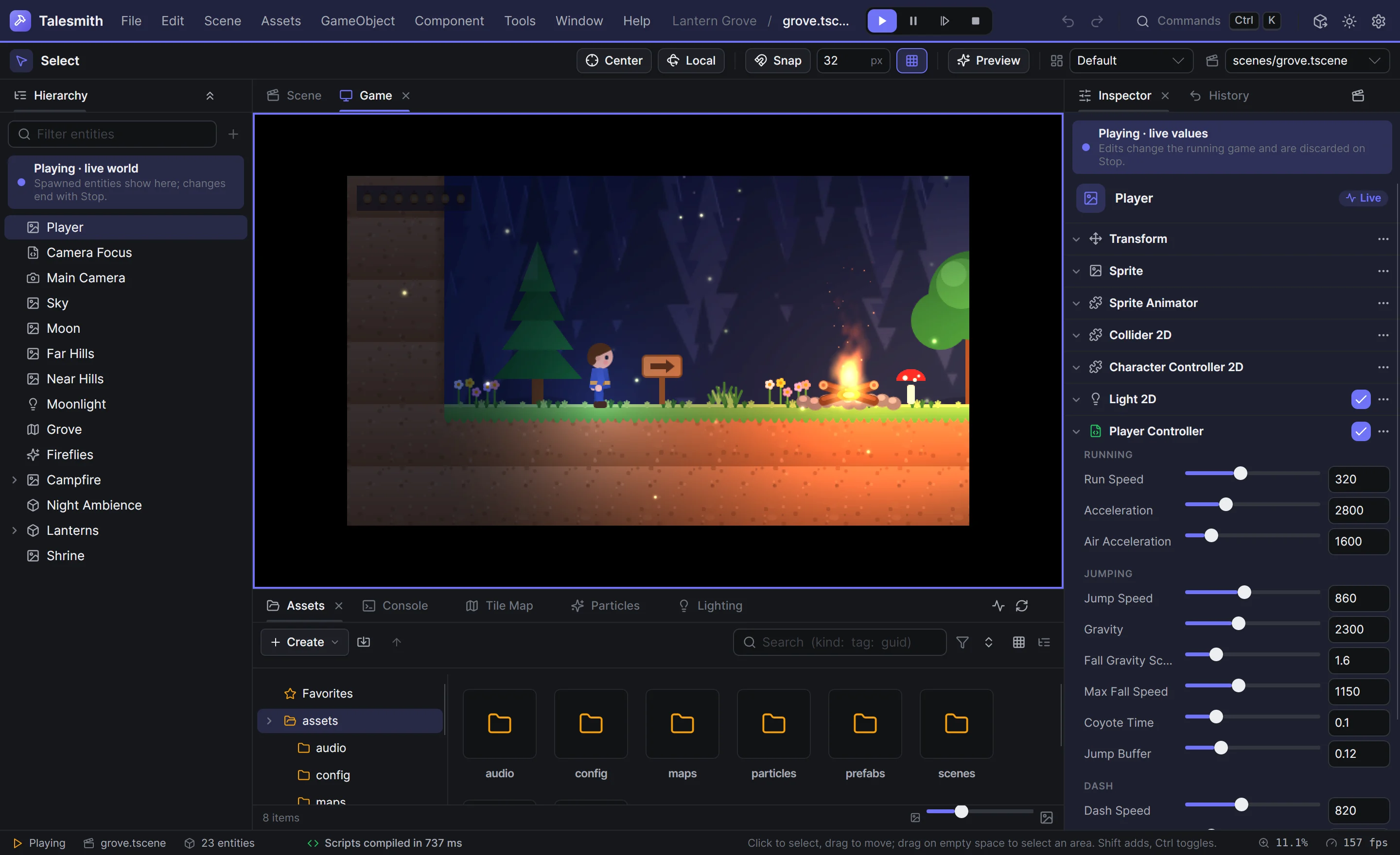 Lantern Grove running in the Game panel, the player in a dark grove lit by lanterns and a campfire, with the Player Controller's live values in the Inspector
