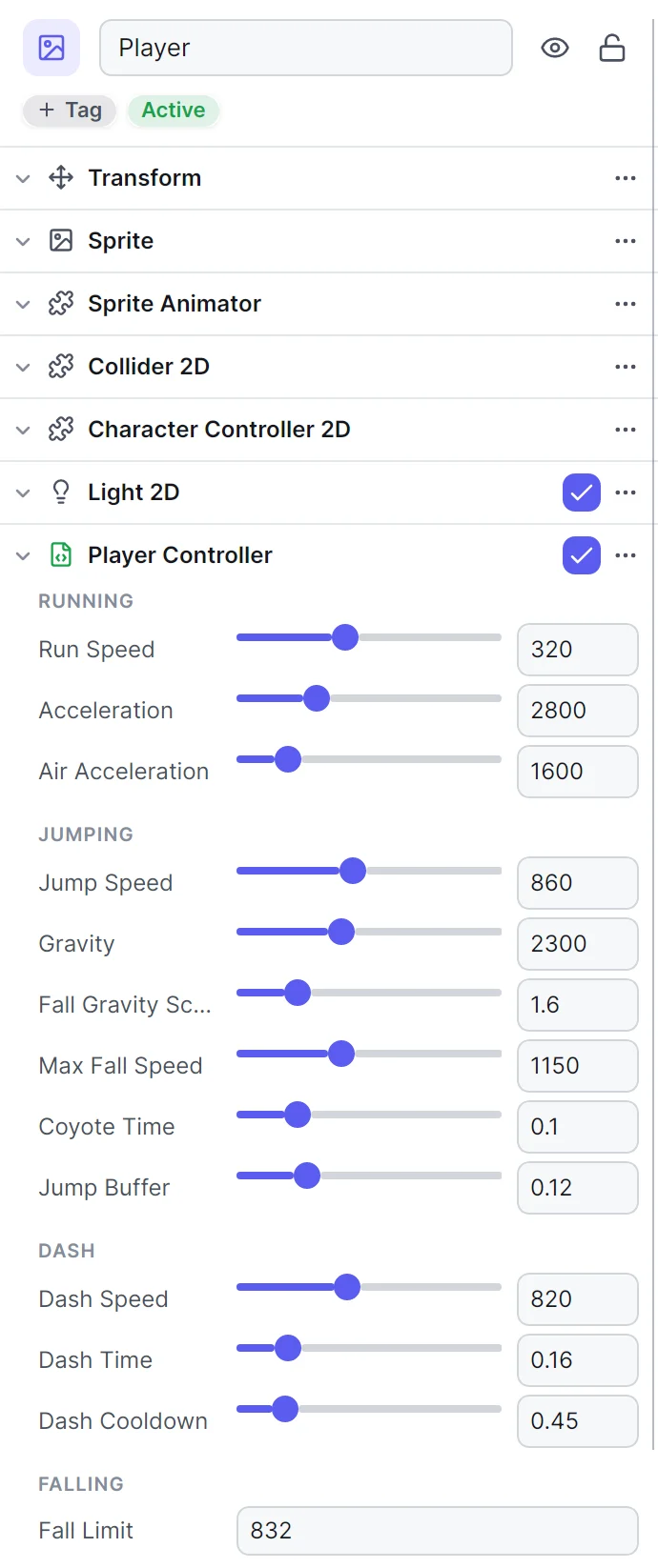 The Inspector with Lantern Grove's Player Controller script, its fields grouped under Running, Jumping, Dash and Falling headers with sliders for ranges